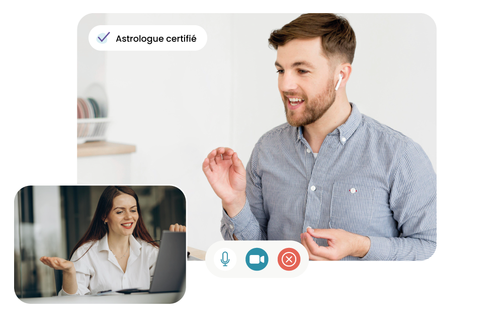 astrologue en rendez-vous visioconférence et son client devant son ordinateur en train de parler
