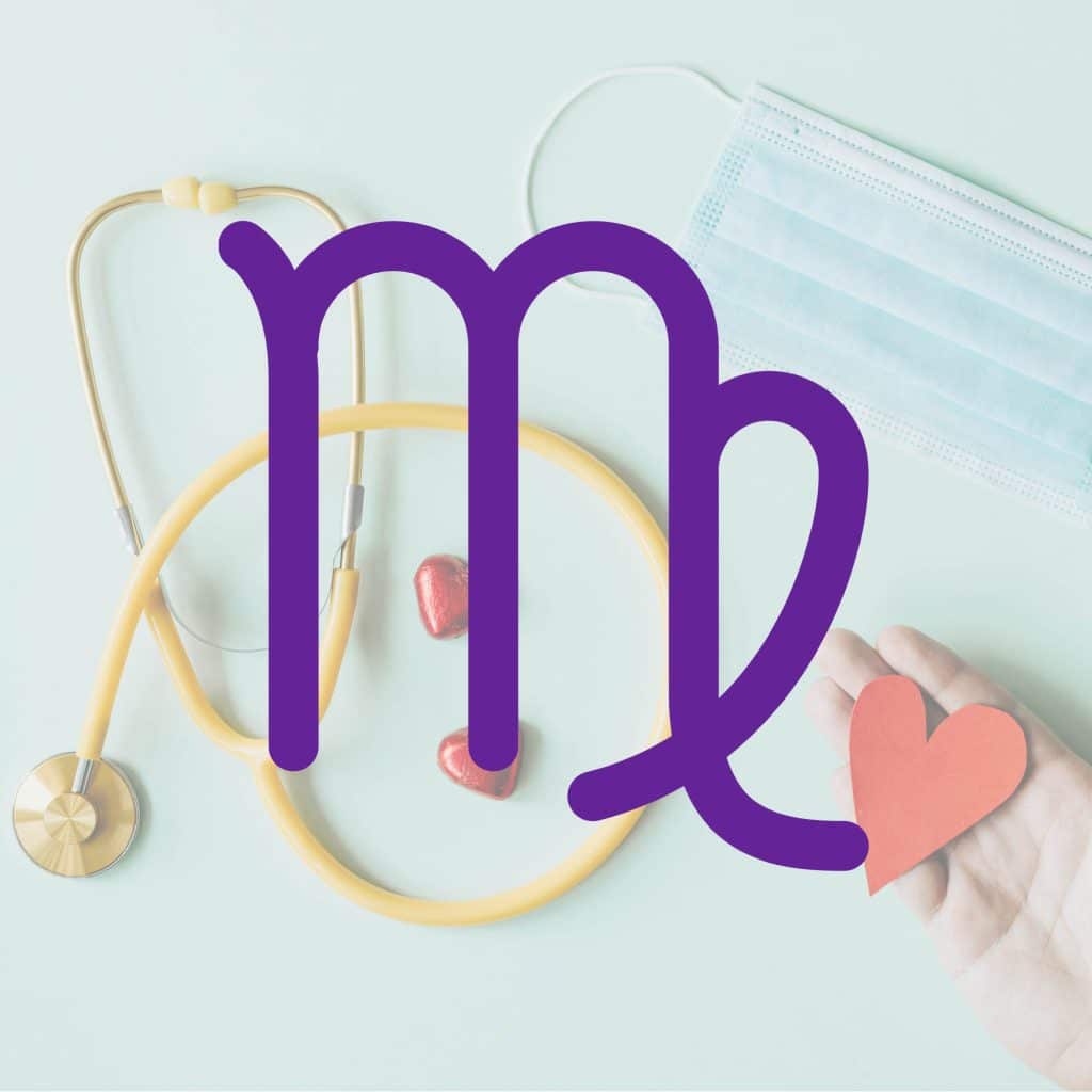 Fond avec des objets médicaux (stéthoscope, masque, et une main qui tient un coeur en papier rouge), avec en premier plan le symbole du signe astrologique de la vierge, qui est le signe lié au médical