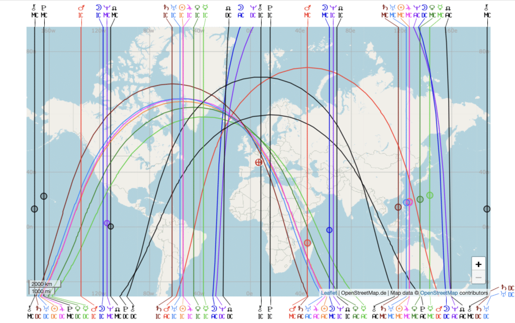 Carte du monde avec les lignes astrologiques du thème astral d'une personne, méthode de l'astrocartographie