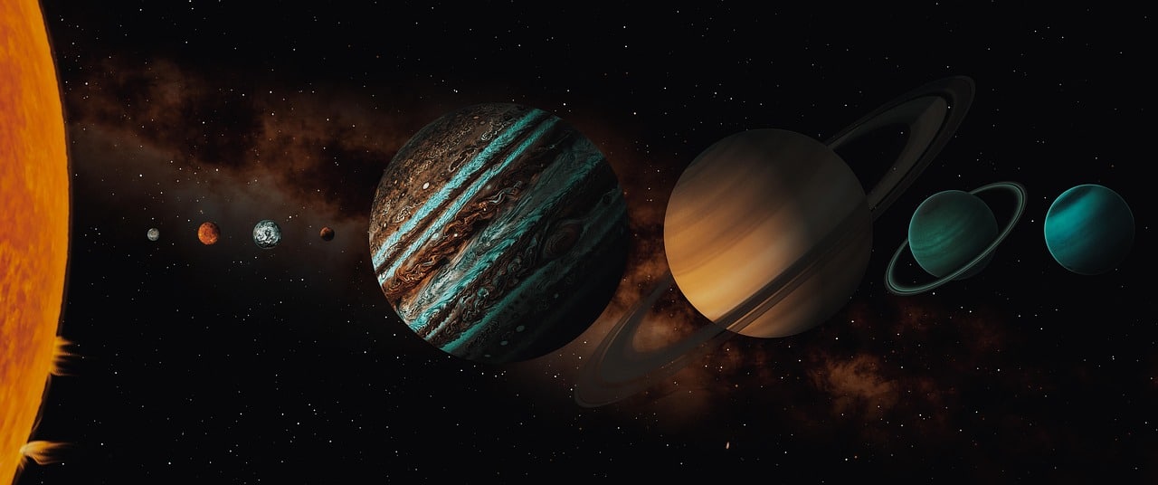 Système solaire avec Mercure, Vénus, Terre, Mars, Jupiter, Saturne, Uranus et Neptune
